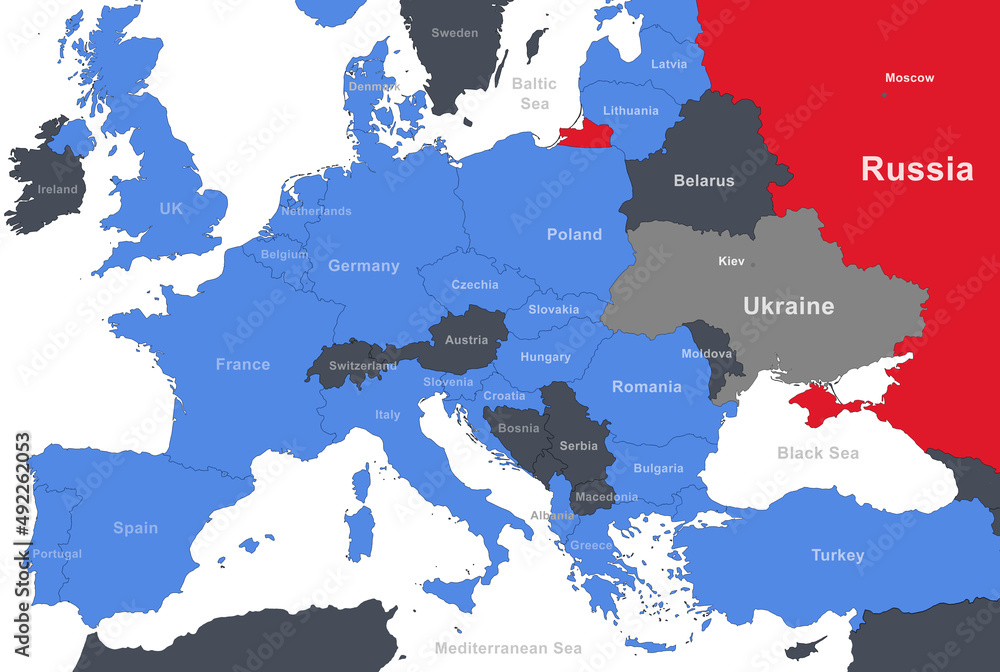 Russia, North Atlantic alliance and Ukraine on Europe outline map ...