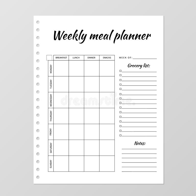 Weekly Meal Planner Template. Blank White Notebook Page ...
