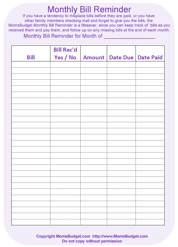 blank monthly bill worksheet