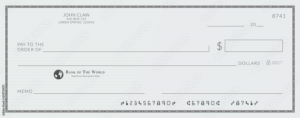 Blank bank cheque. Personal desk check template with empty field ...