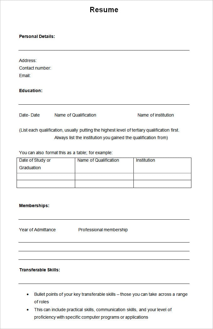 blank printable resume outline