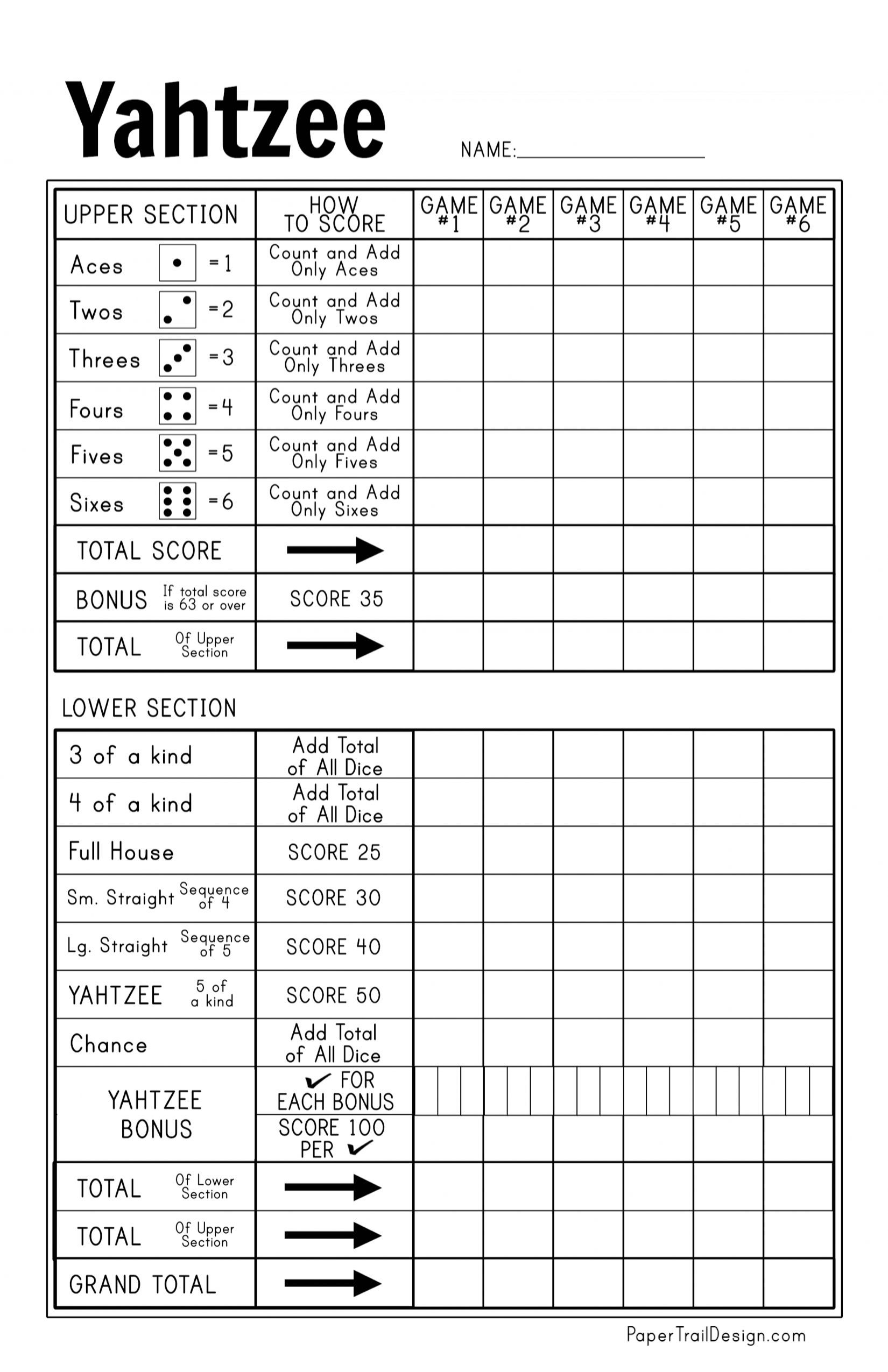 Free Printable Yahtzee Score Card | Paper Trail Design