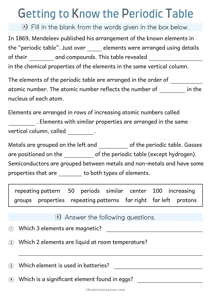 Free Printable Periodic Table Worksheets