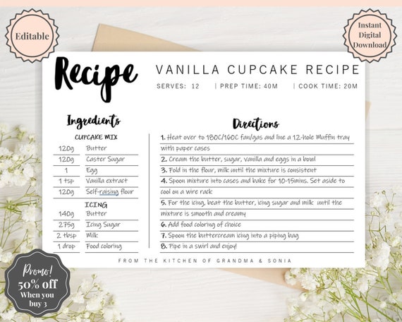 EDITABLE Recipe Card Template, Recipe Template, Recipe Cards ...