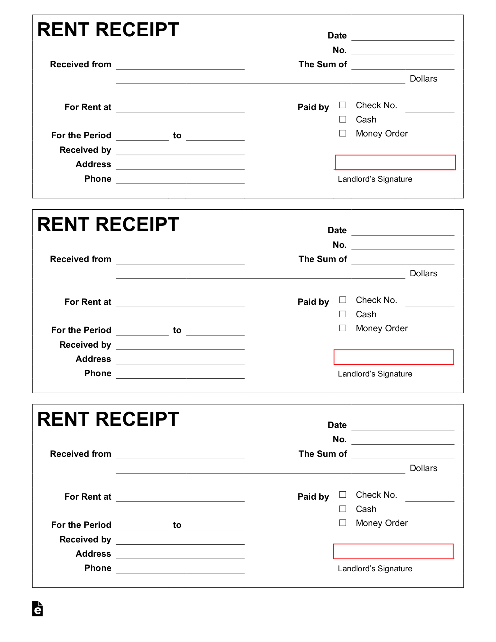 Free Rent Receipt Template - PDF | Word - eForms