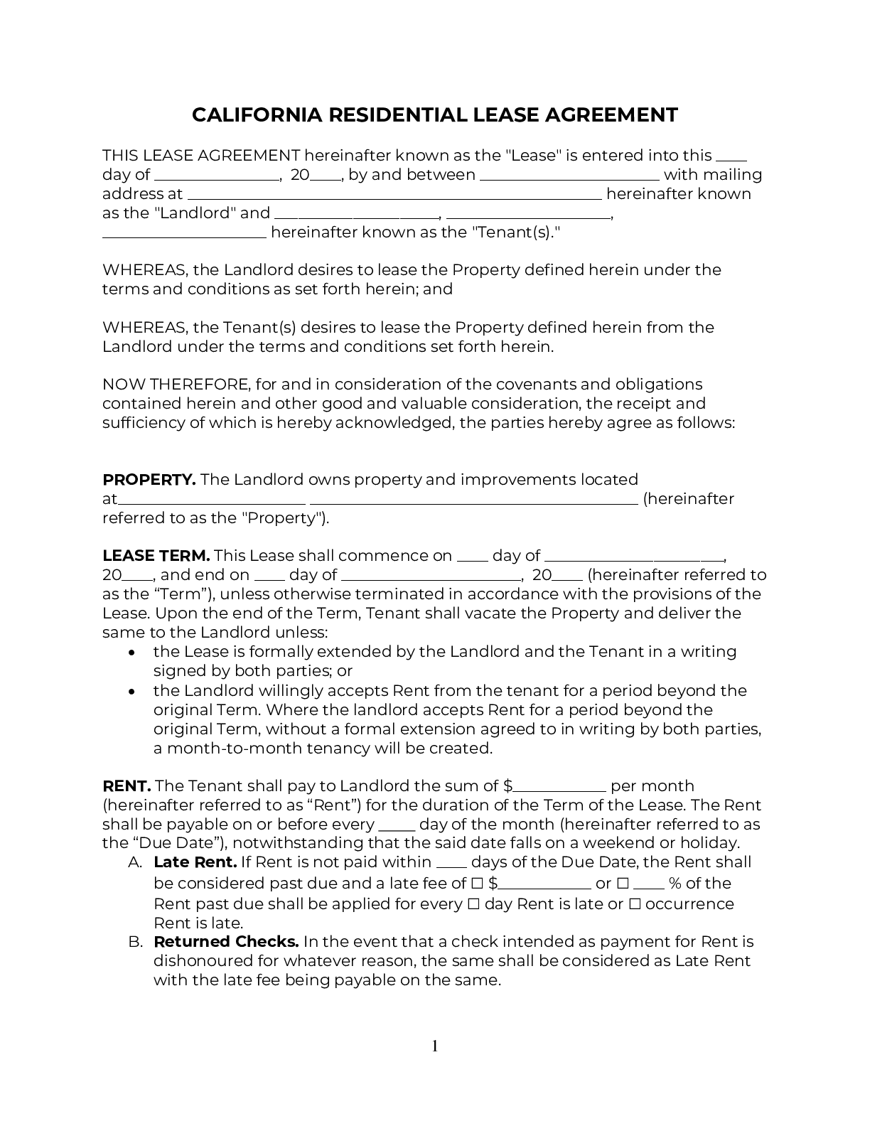 blank rental agreement for california