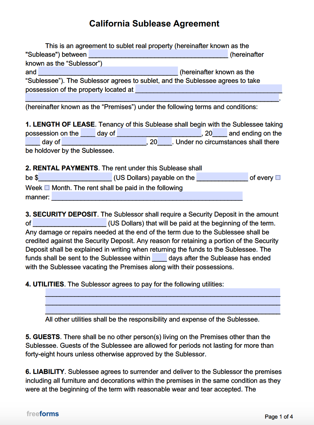 blank rental agreement for california
