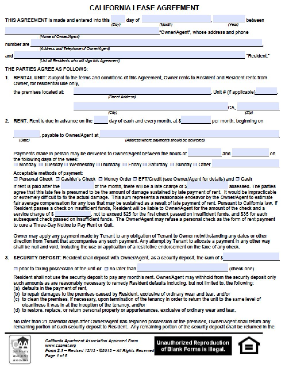 blank rental agreement for california
