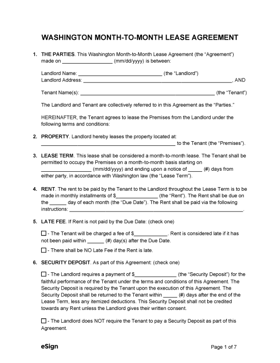 blank rental agreement washington state