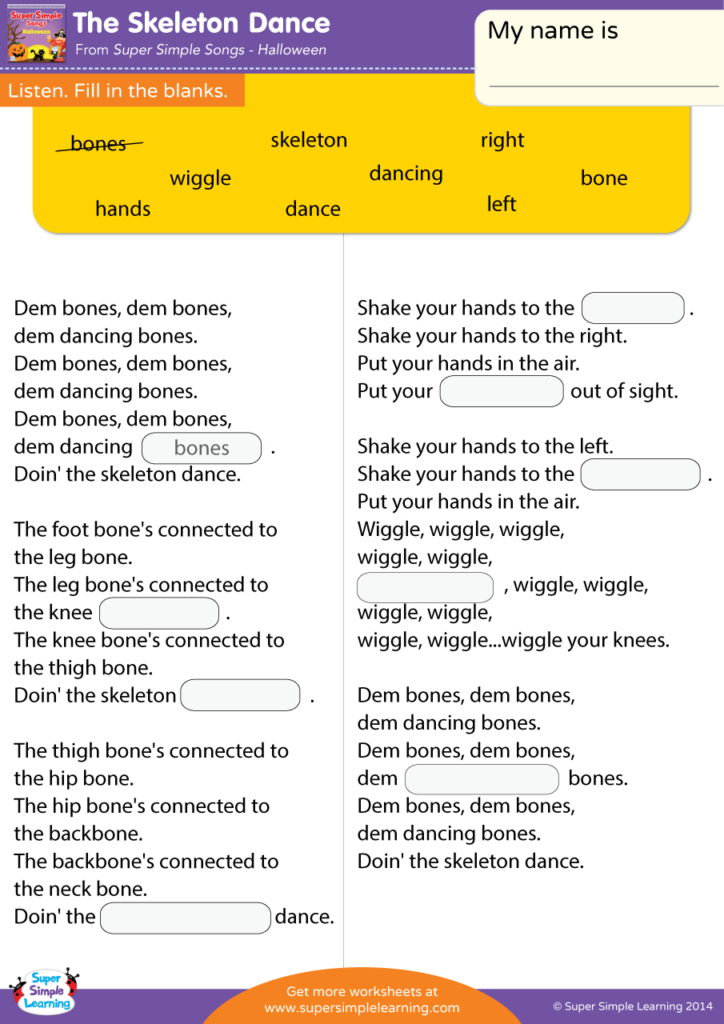 The Skeleton Dance Worksheet - Fill In The Blanks | Super Simple