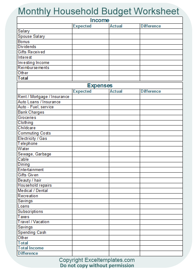 Household Budget Worksheet Template | Excel Templates