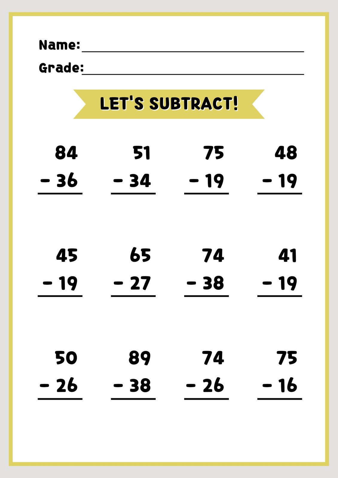 blank subtraction worksheet