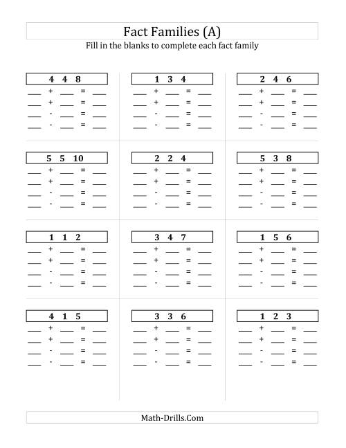 Addition and Subtraction Relationships with Sums to 10 and All ...