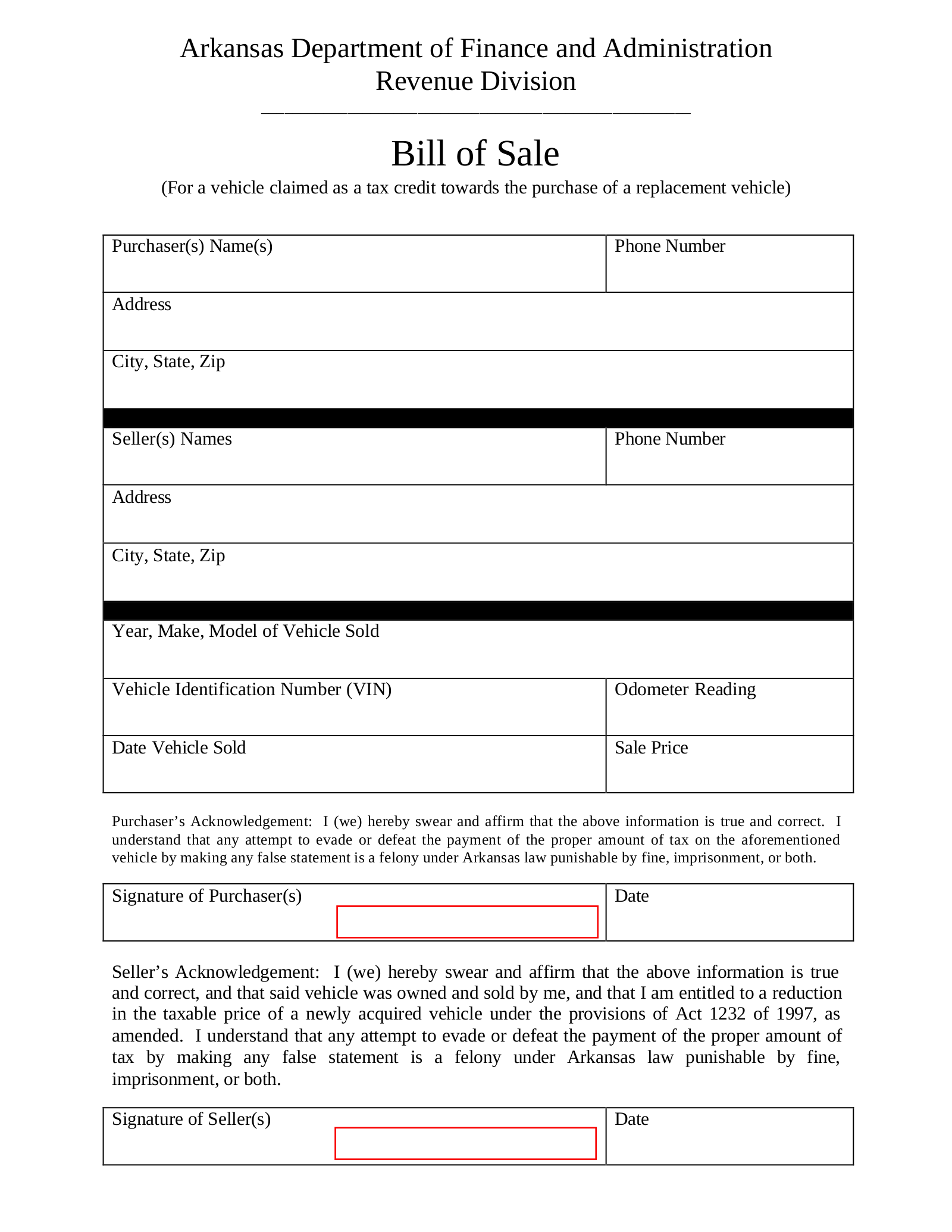 blank vehicle bill of sale arkansas