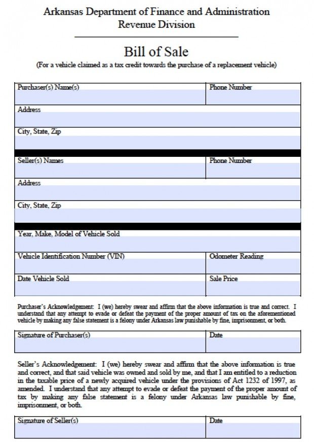 blank vehicle bill of sale arkansas