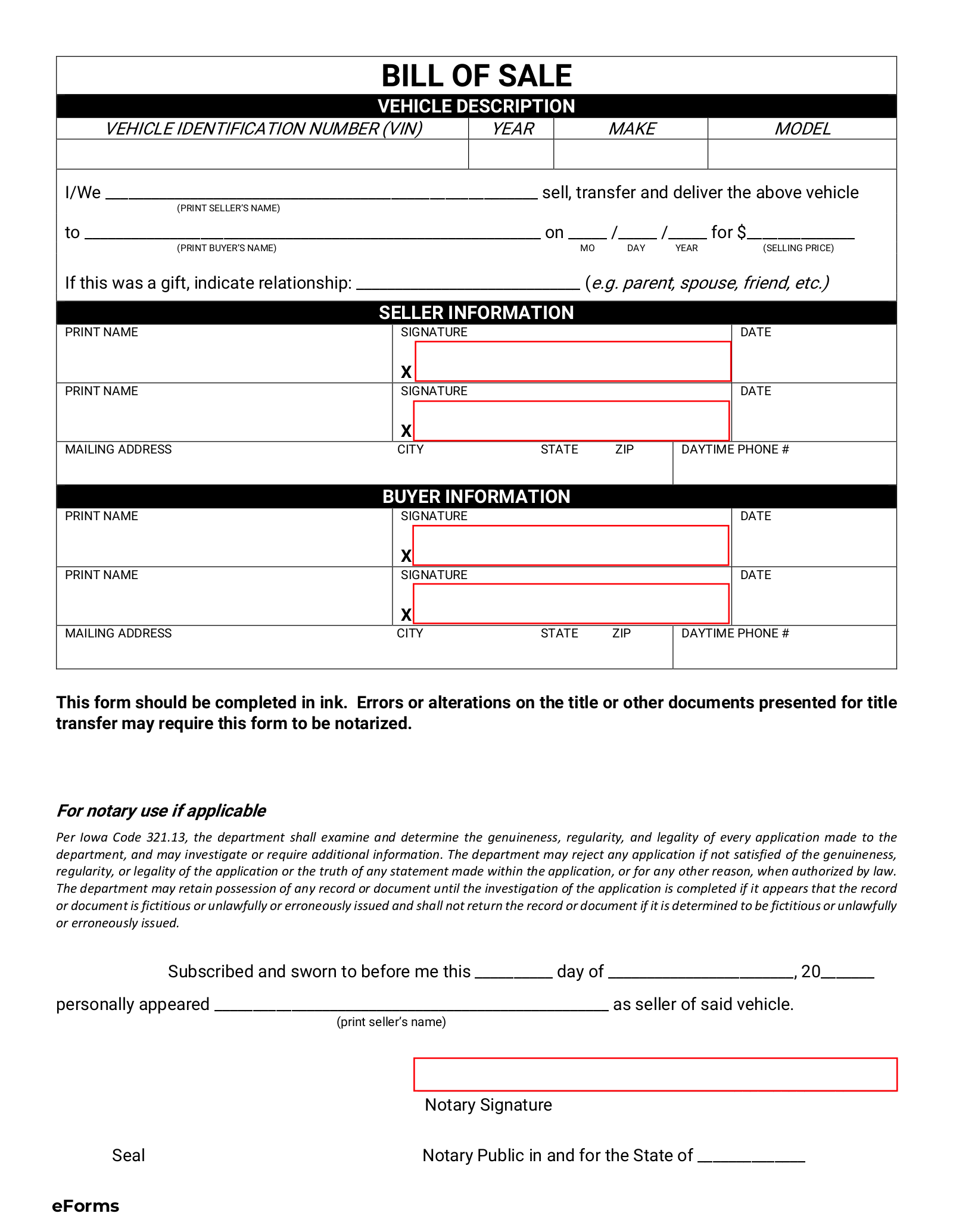 blank vehicle bill of sale printable