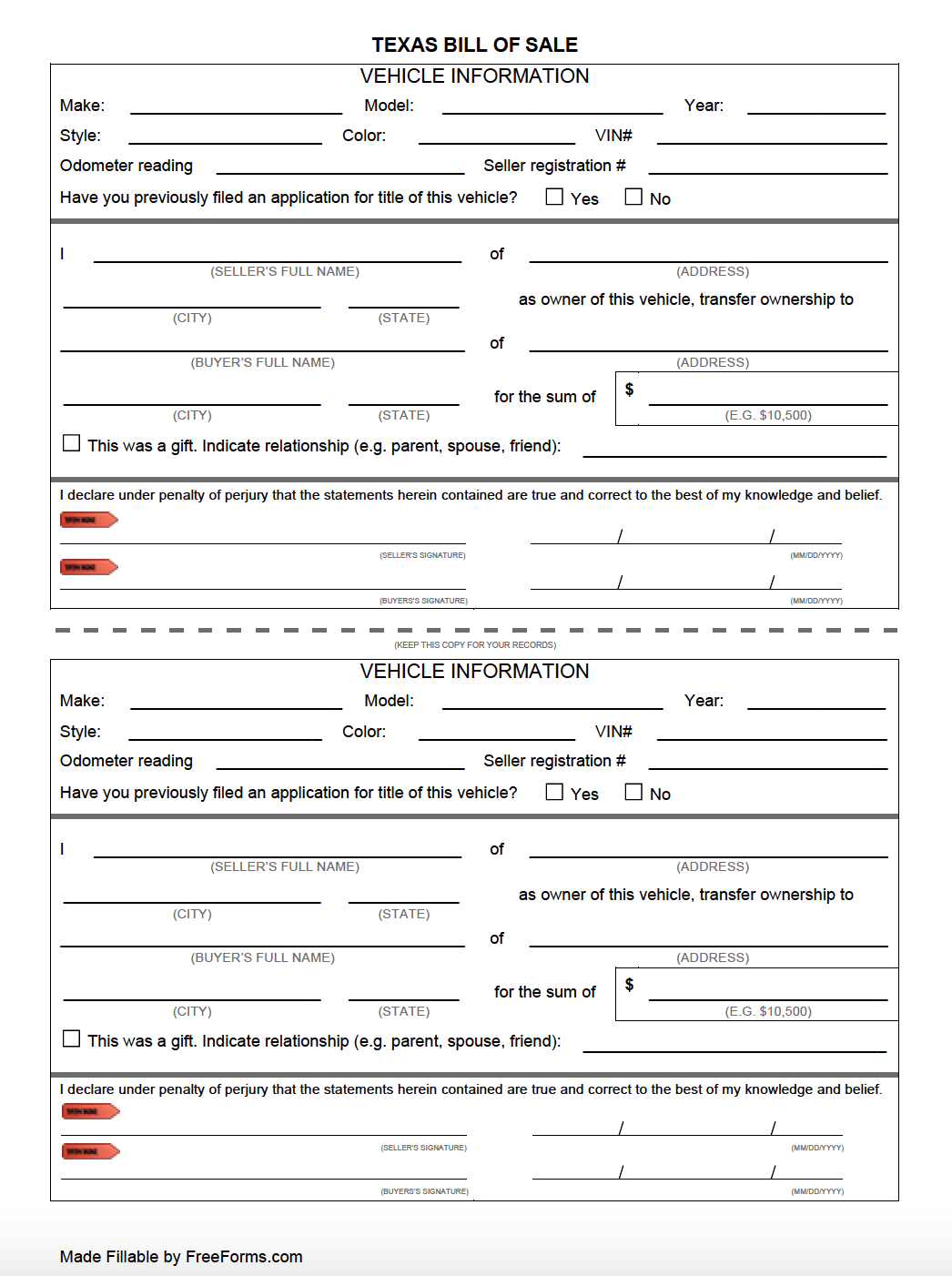 blank vehicle bill of sale printable