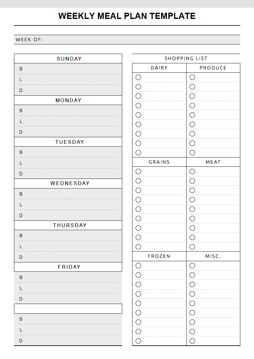 blank weekly meal planning sheets