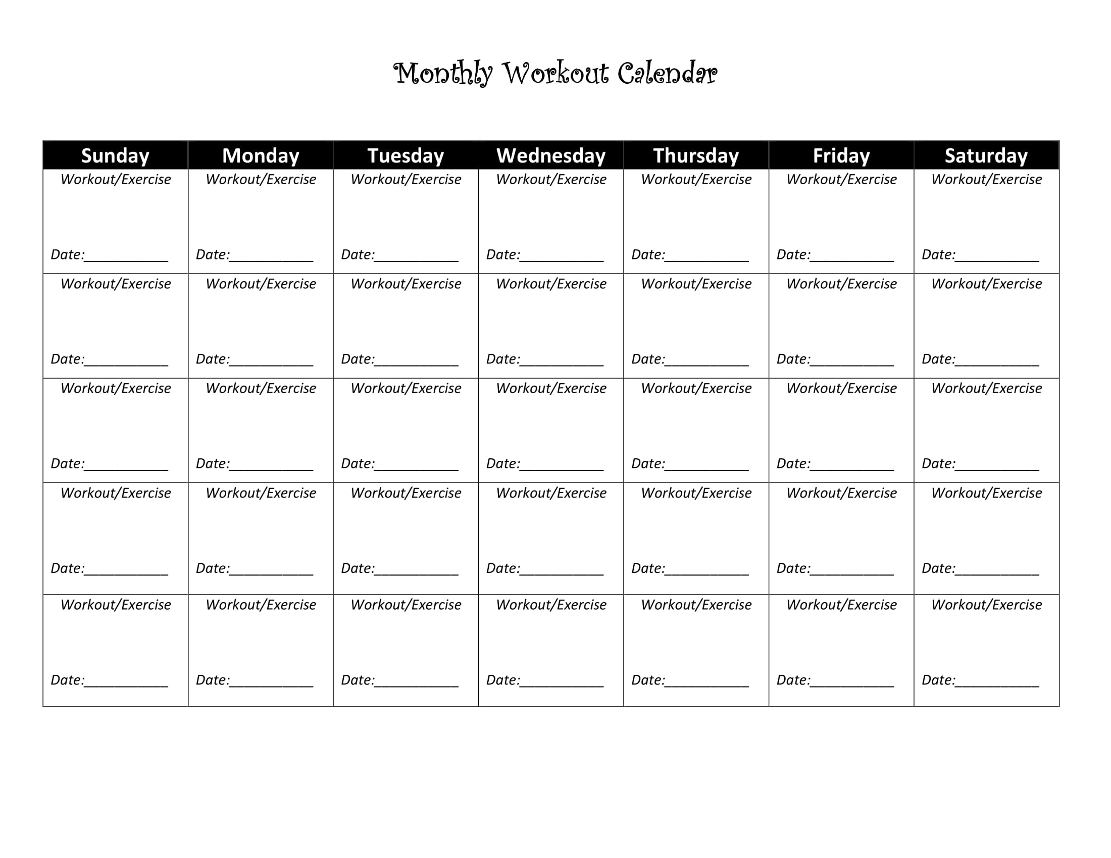 Blank Workout Calendar | Free Pdf. or Word Download