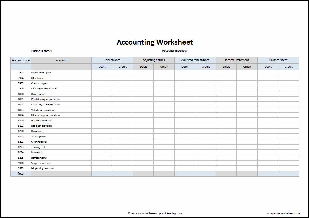 Accounting Worksheet Template | Double Entry Bookkeeping