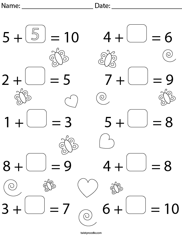 Fill in the Blank Equations- Addition Math Worksheet - Twisty Noodle