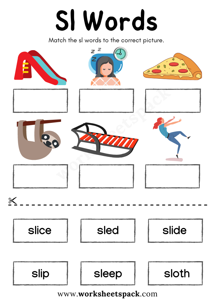 Free Sl Blend Words Worksheets PDF for Kindergarten - worksheetspack