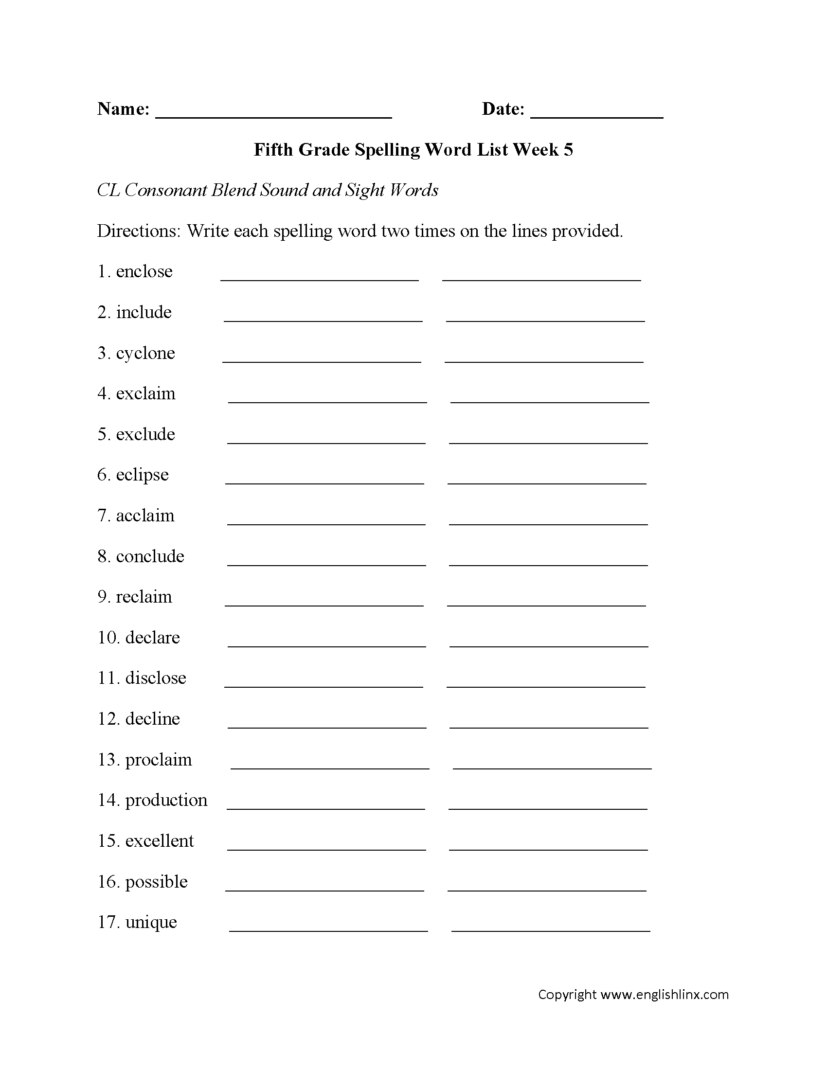 Spelling Worksheets | Fifth Grade Spelling Words Worksheets