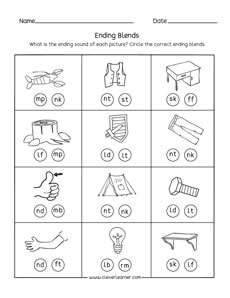 Free ending blends printables for preschool children