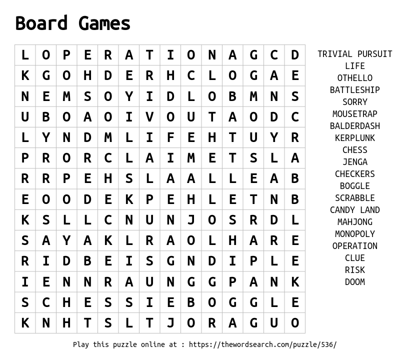 board games word search printable