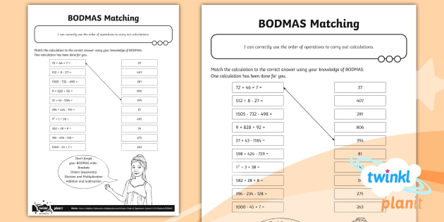 Bodmas Matching Worksheet (teacher made) - Twinkl