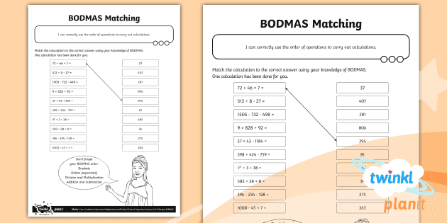 Bodmas Matching Worksheet (Lehrer gemacht) - Twinkl