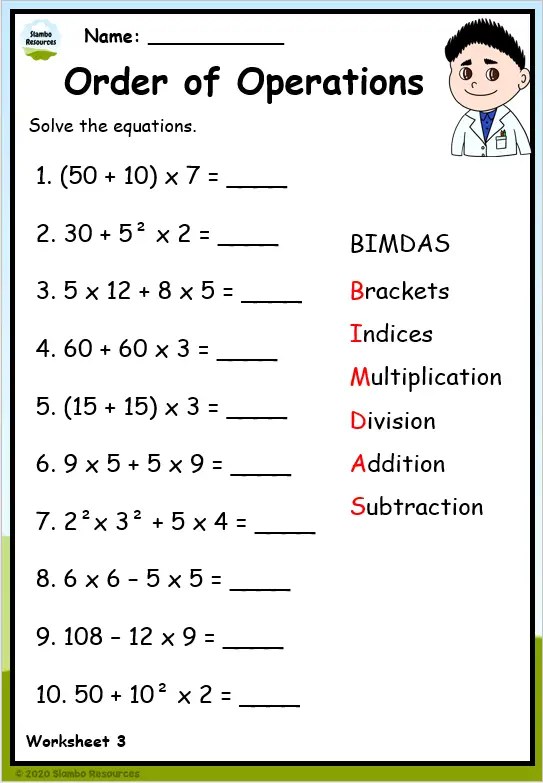 Math order of operations worksheets using the BODMAS and Pemdas