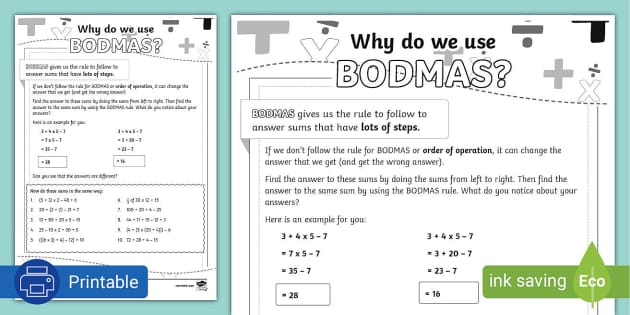 BODMAS Worksheet - Why Do We Use BODMAS? (teacher made)