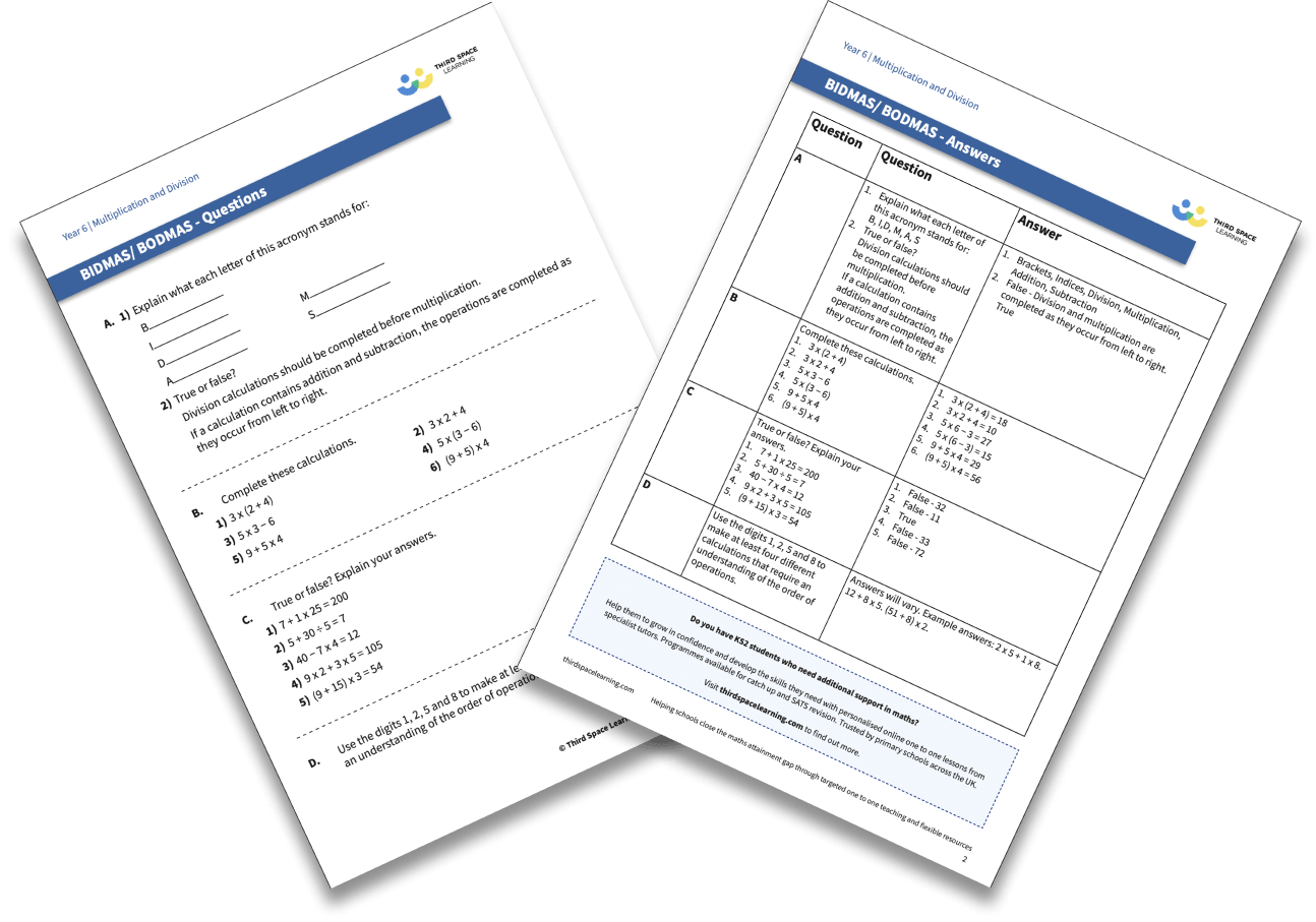 FREE] Year 6 BIDMAS or BODMAS Worksheet