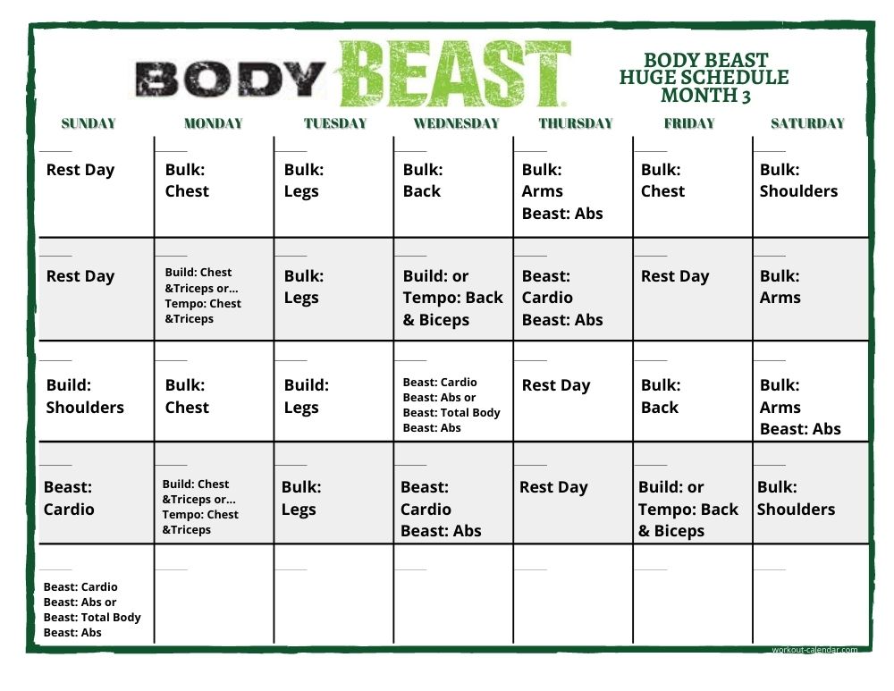 Body Beast Workout Calendar - Print A Workout Calendar