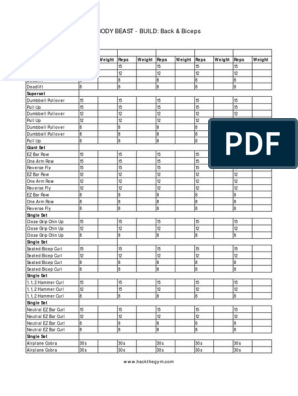 BodyBeast Build - Back and Biceps Workout Sheet | PDF | Weight ...