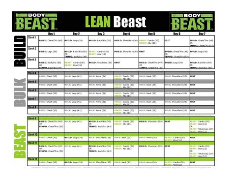 Printable Body Beast Lean Schedule
