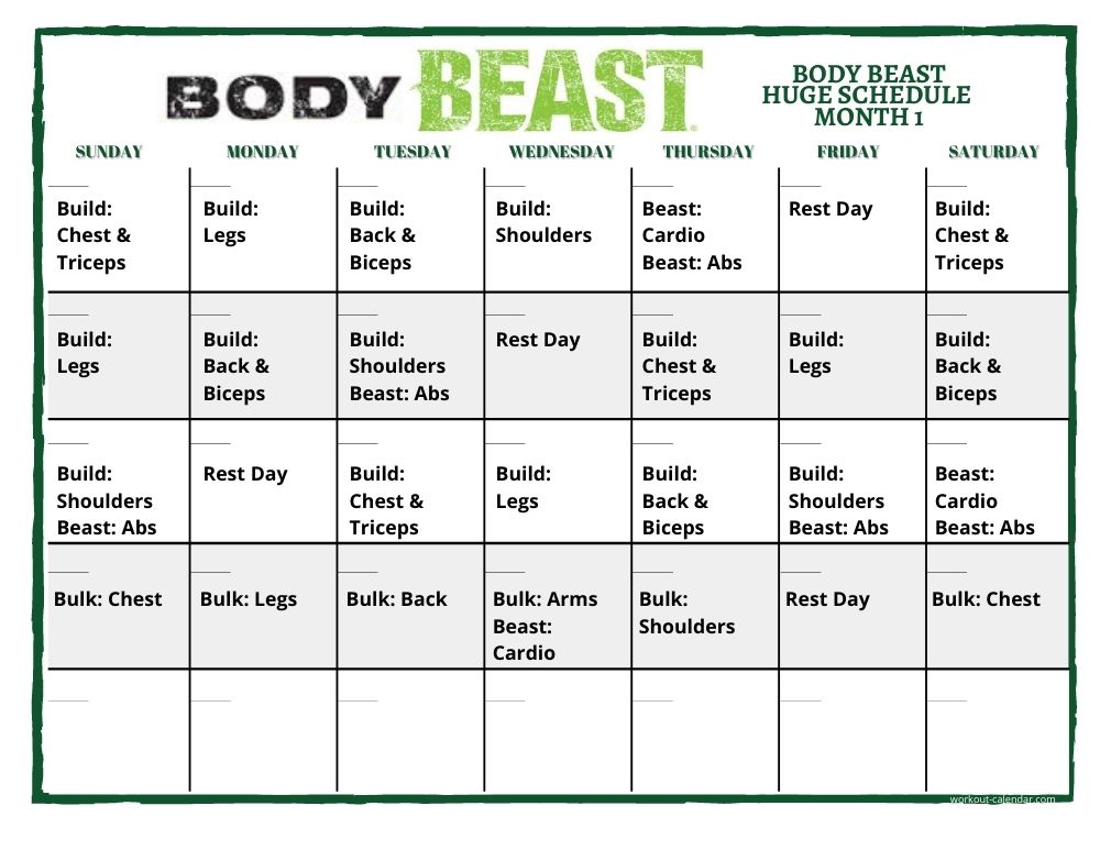 Body Beast Workout Calendar - Print A Workout Calendar