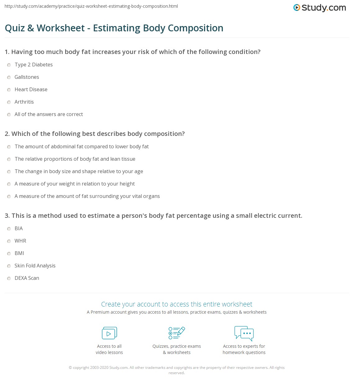 Quiz &  Worksheet - Estimating Body Composition | Study.com