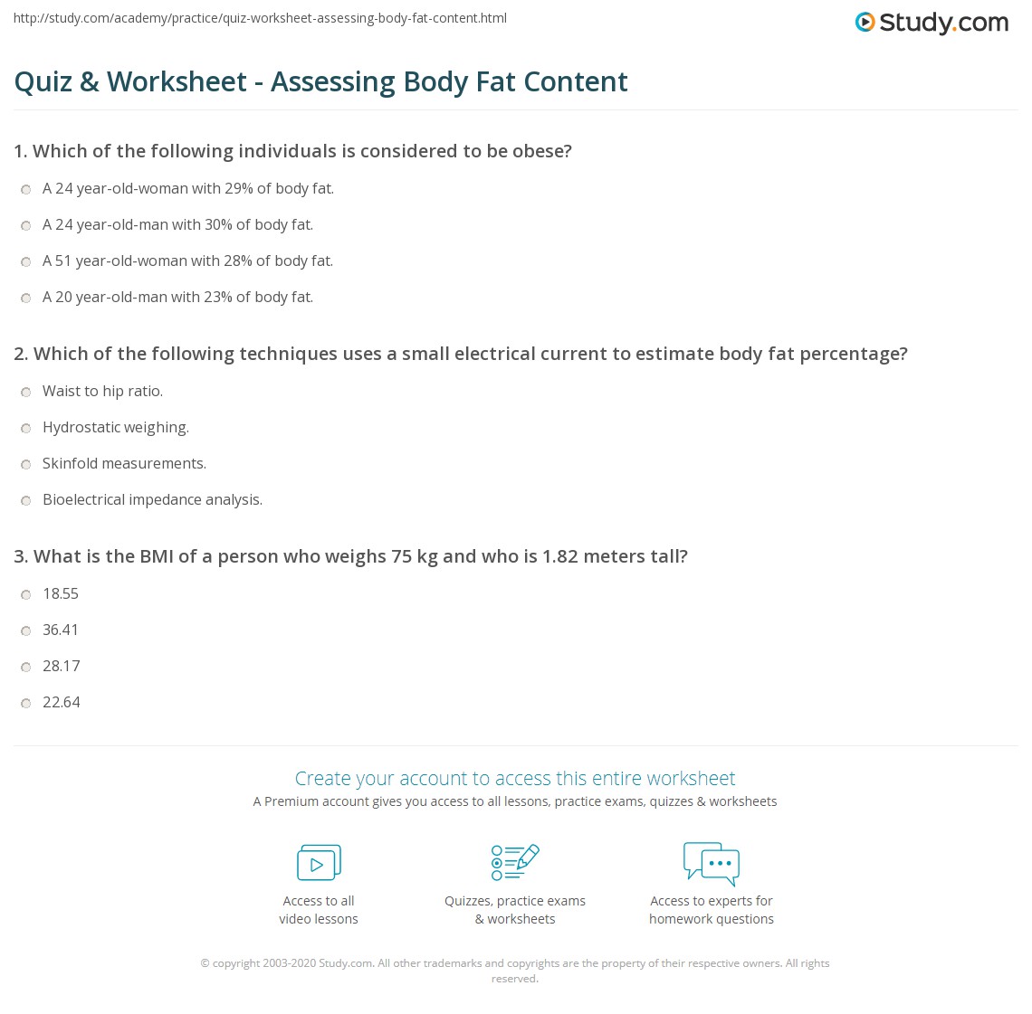 Quiz &  Worksheet - Assessing Body Fat Content | Study.com
