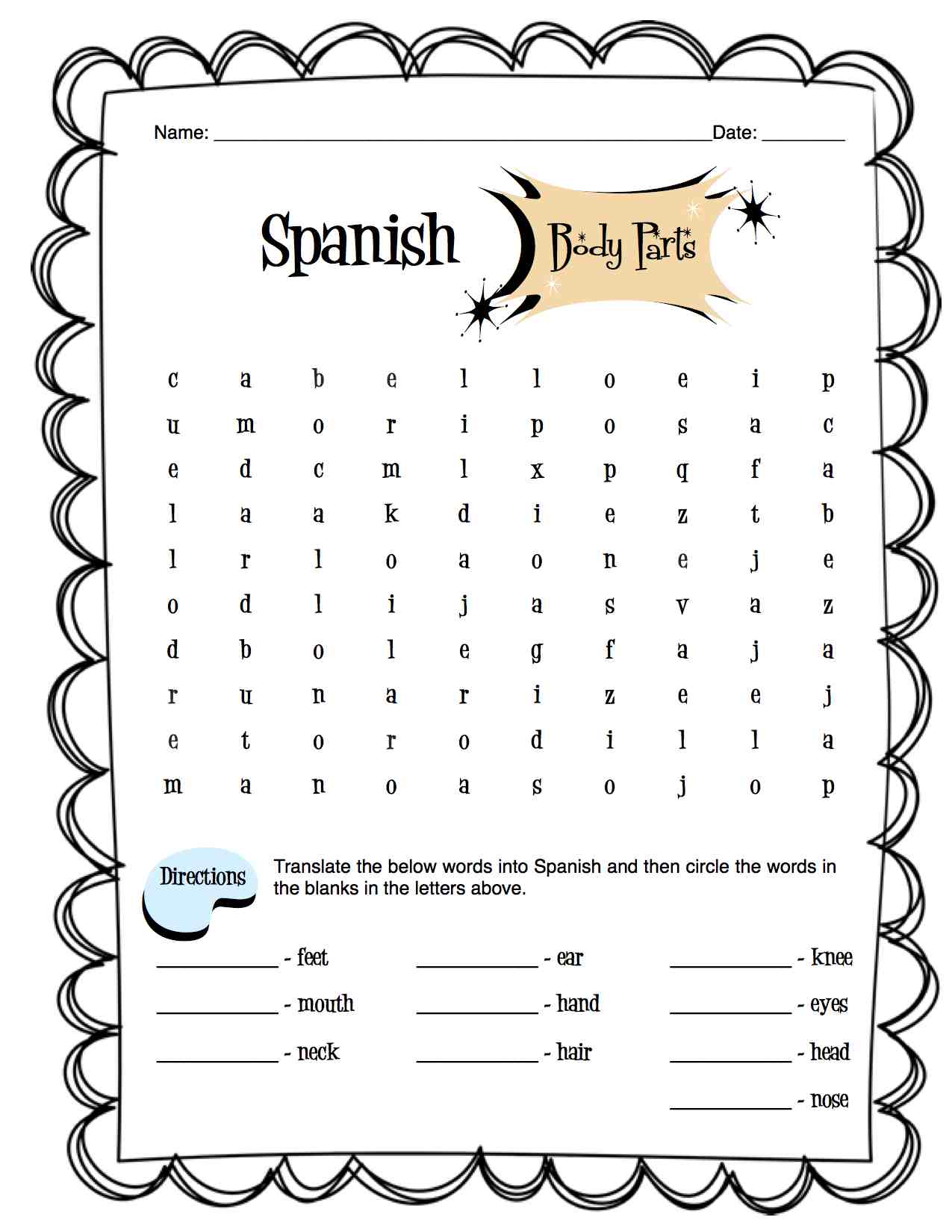 Spanish Body Parts Worksheet Packet - Worksheets Library