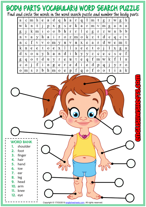 Body Parts ESL Printable Word Search Puzzle Worksheet
