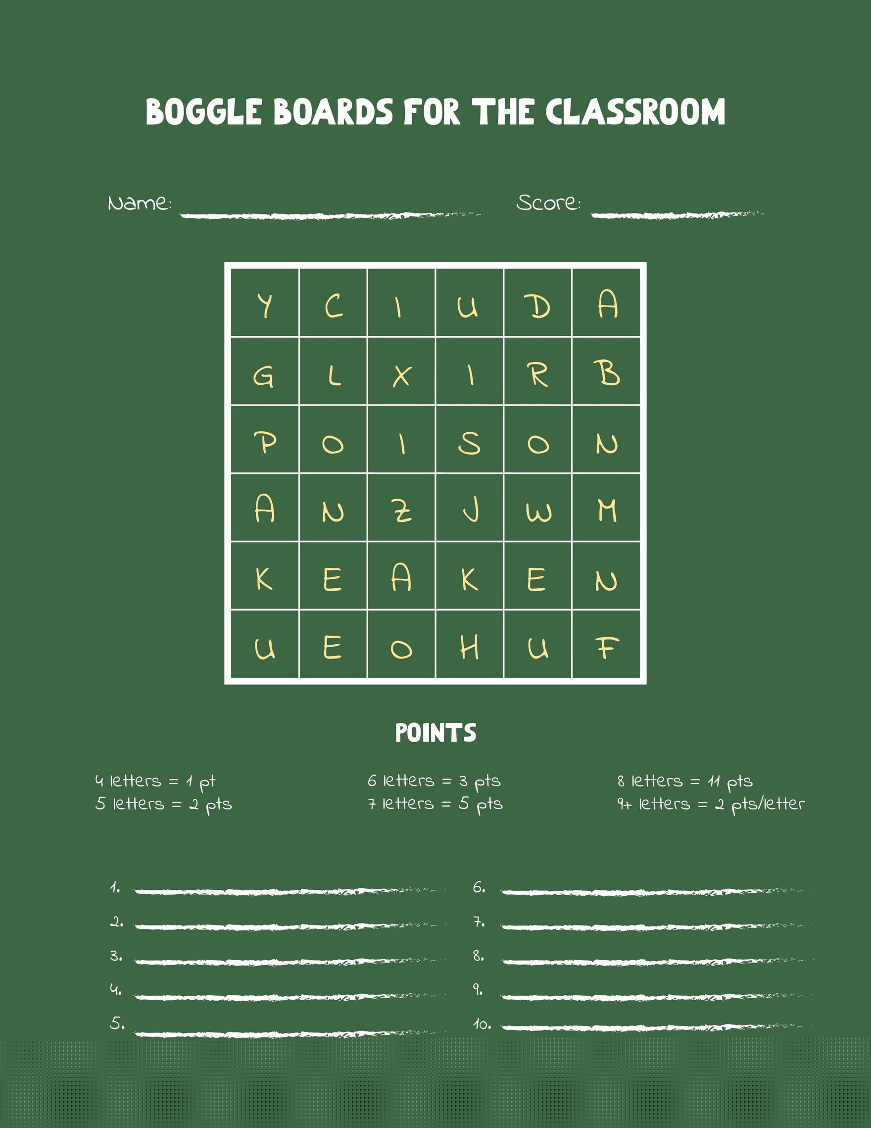 boggle worksheet