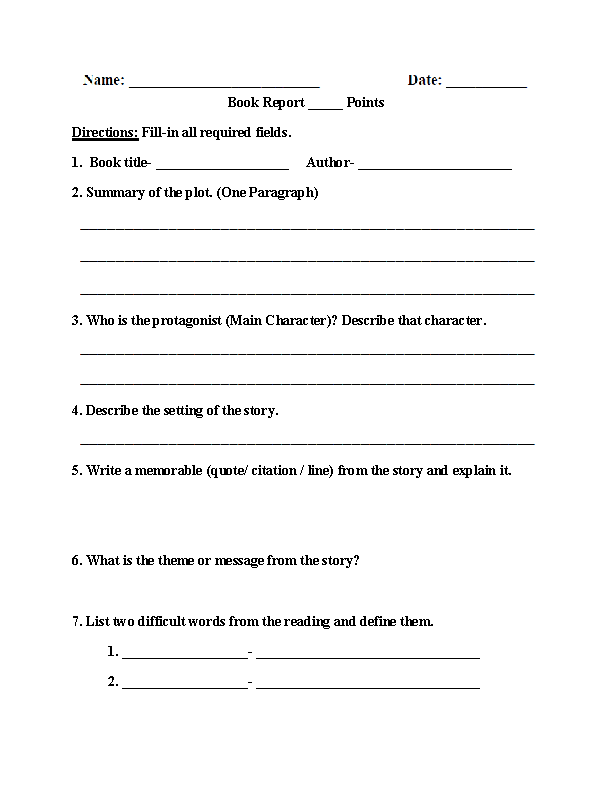 book report for 2nd grade worksheet
