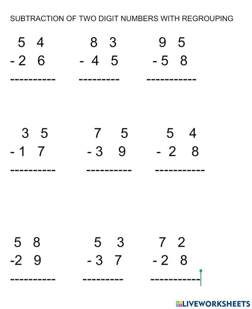 Subtraction of 2 digit numbers with regrouping worksheet | Live ...