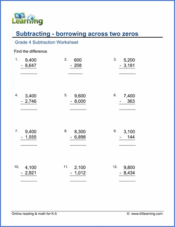 Regrouping across two zeros | Worsheets library
