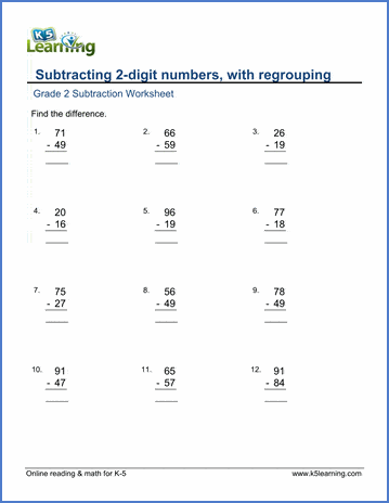 Grade 2 worksheet - subtract 2-digit numbers, with regrouping | Worsheets library...