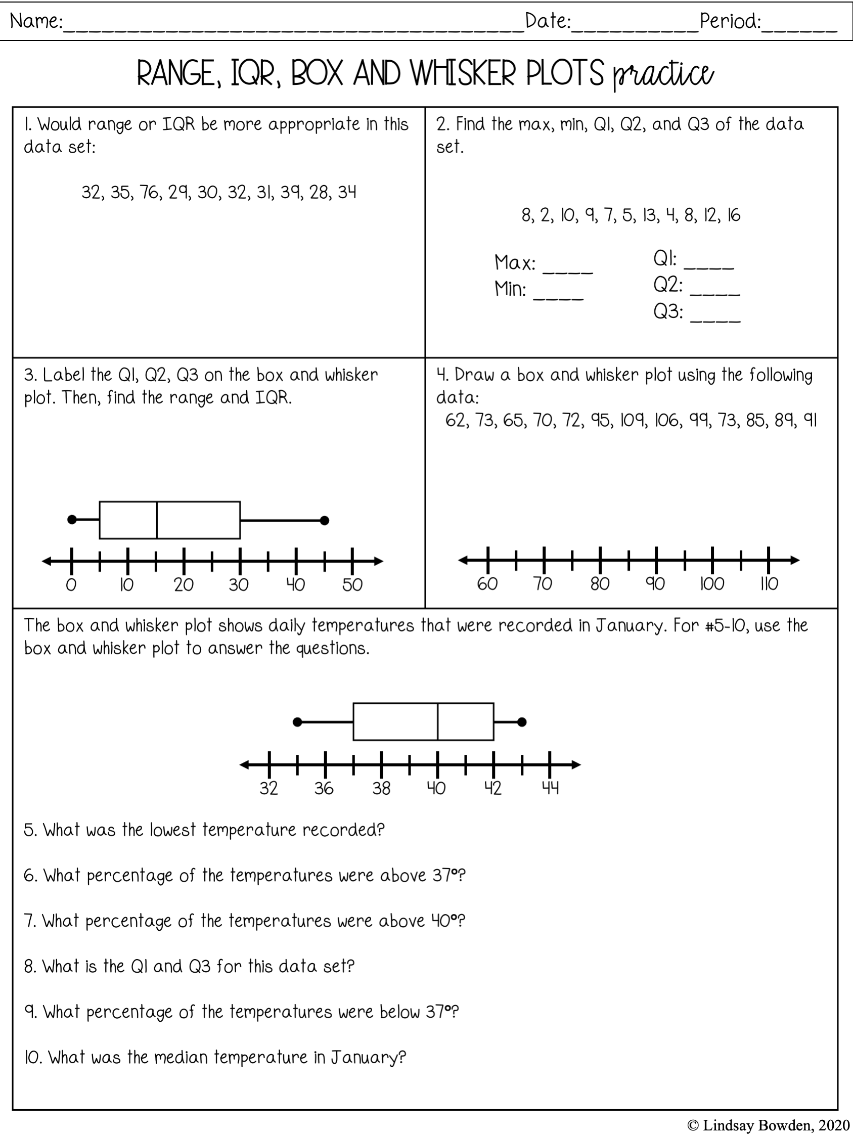 box and whisker plot worksheet 7th grade
