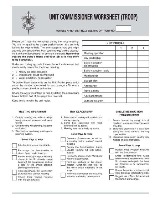 Unit Commissioner Worksheet - Troop - Boy Scouts of America