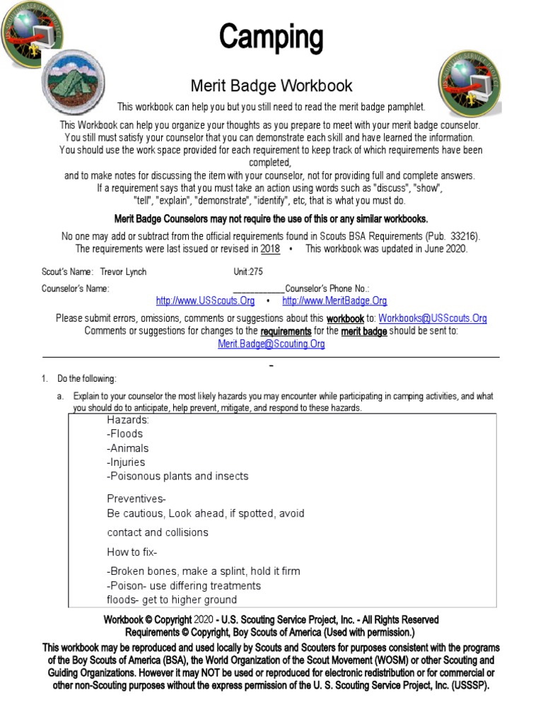 boy scout camping merit badge worksheet answers